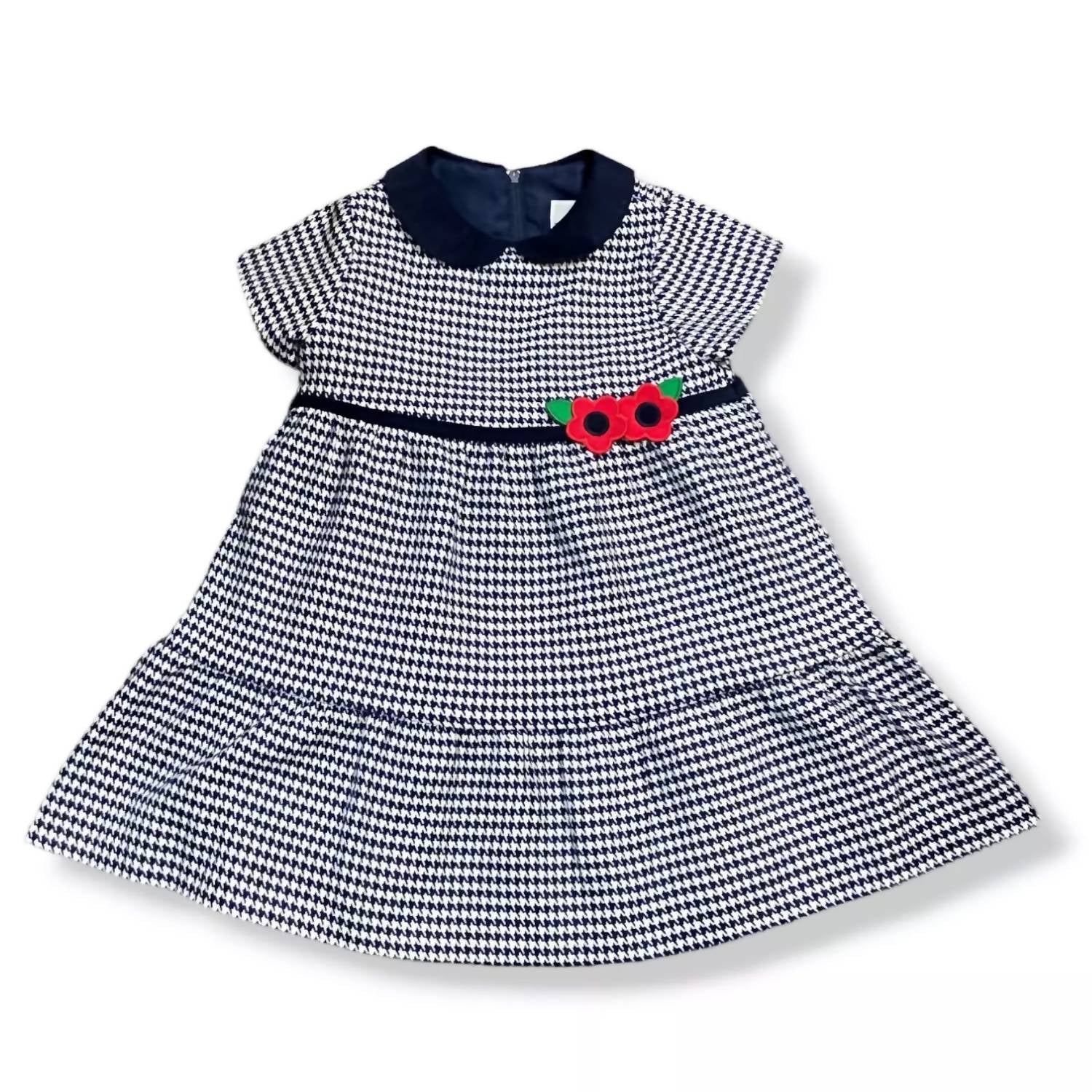 Florence Eiseman Girl's Houndstooth Dress With Flower Belt Detail in navy white - kids' dress
