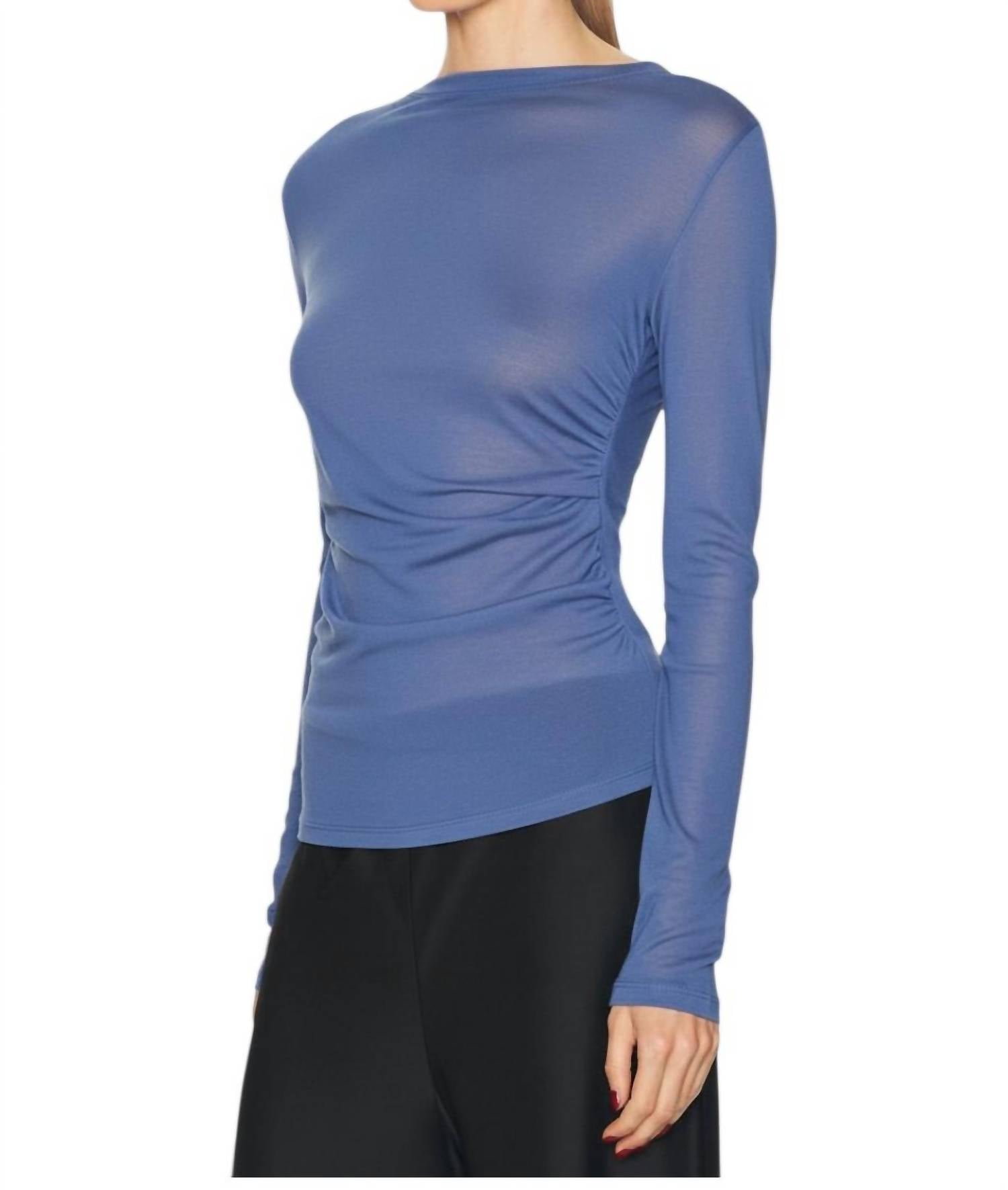 Enza Costa Cashmere Jersey Draped Long Sleeve Crewneck Top in cobalt - women's long sleeve top - detail view