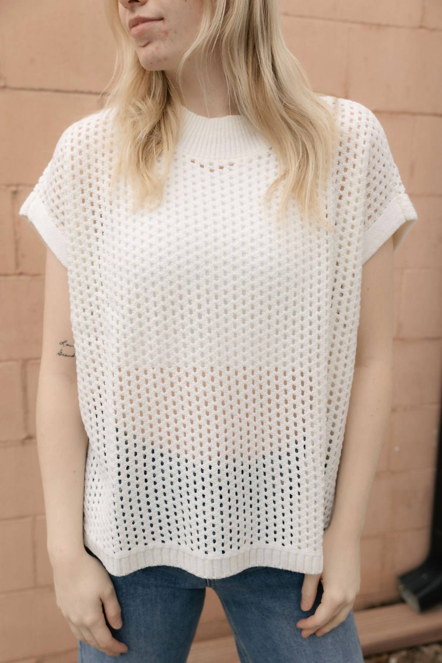 Elan - Open Knit Crew Sweater Top