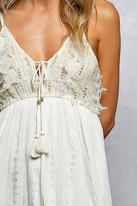 Pol - Tiered Tassel Trim Wooden Bead Smocked Dress