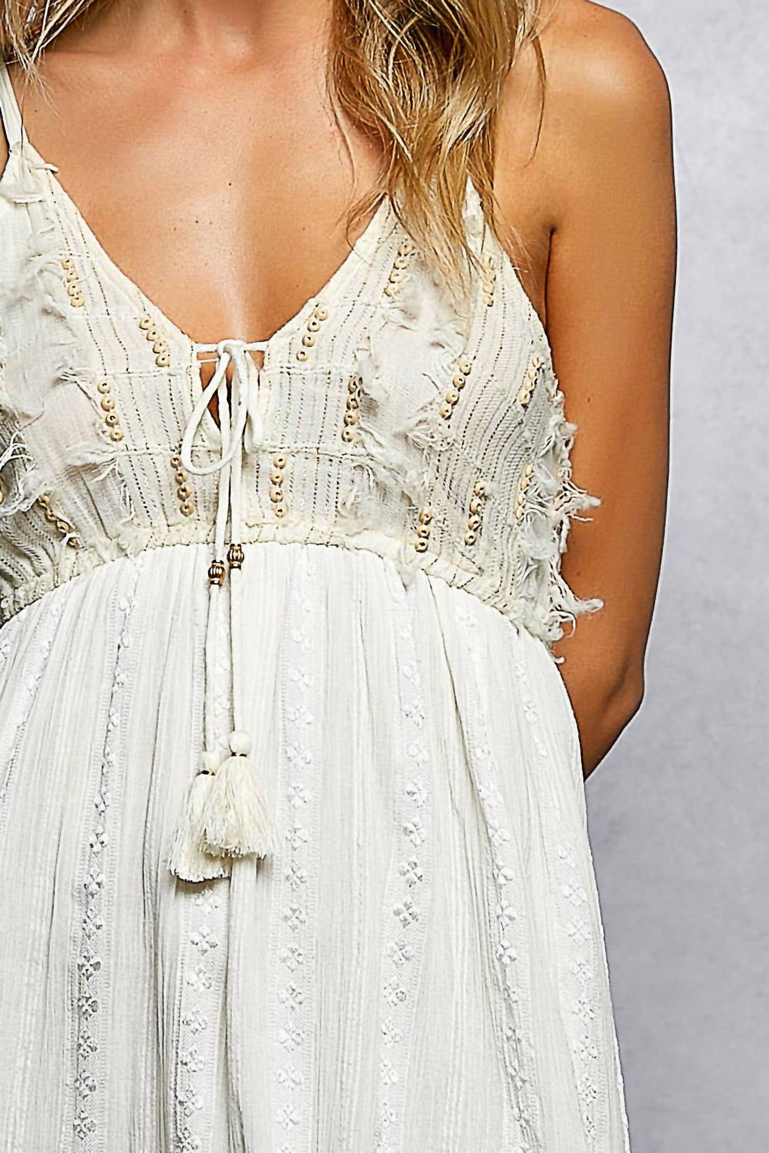 Pol - Tiered Tassel Trim Wooden Bead Smocked Dress