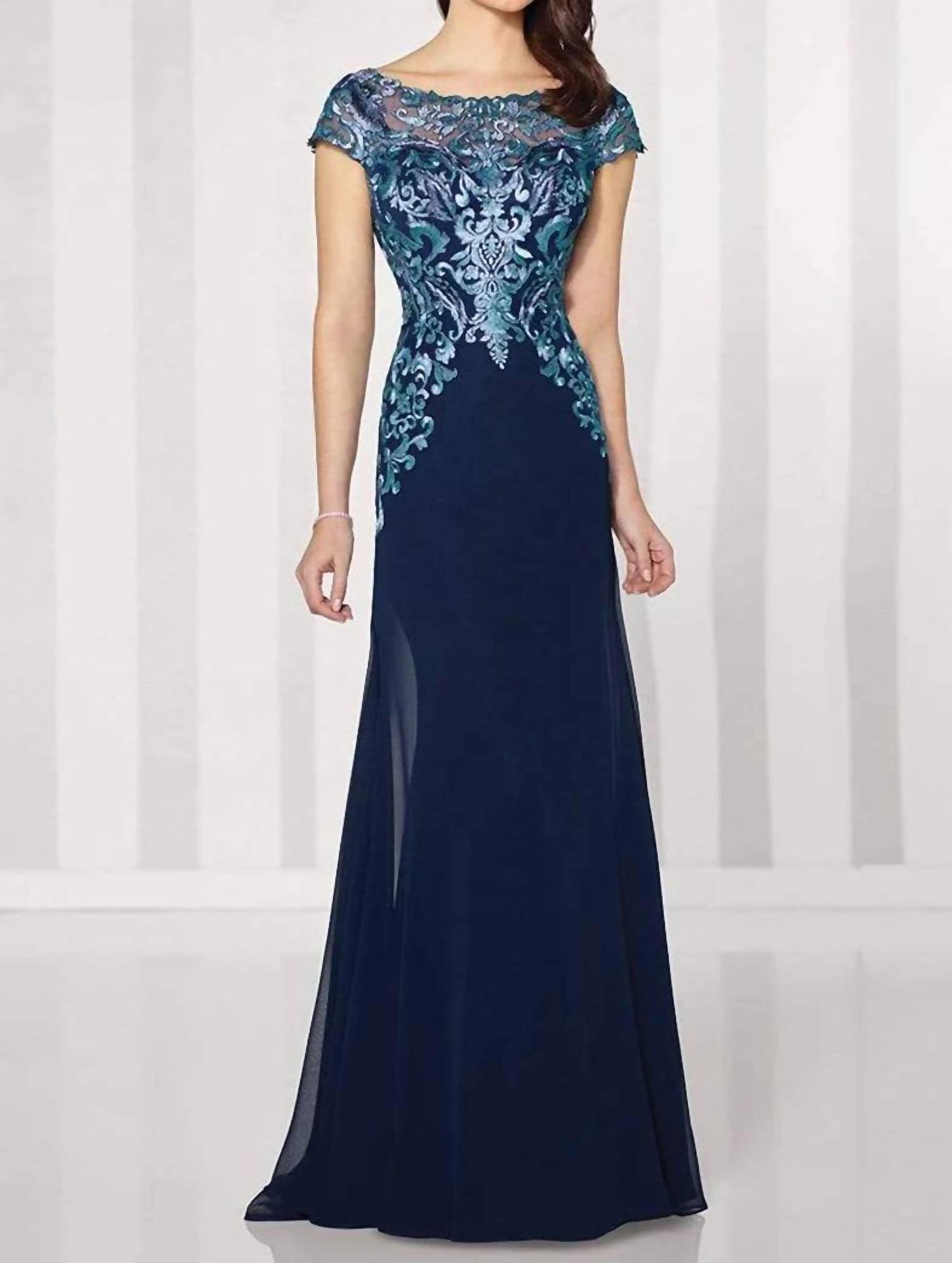 Social Occasions By Mon Cheri - Navy Turquoise Lace Top Long Gown