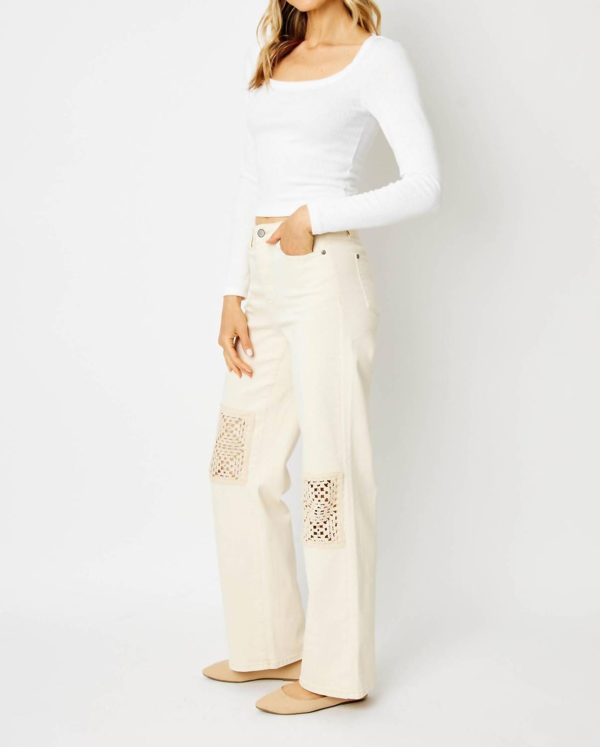 Judy Blue - Dyed Crochet Patch Wide Leg Denim Jeans