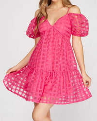 SHE + SKY Puff Sleeve Checker Organza Dress in pink - women's dress - detail view