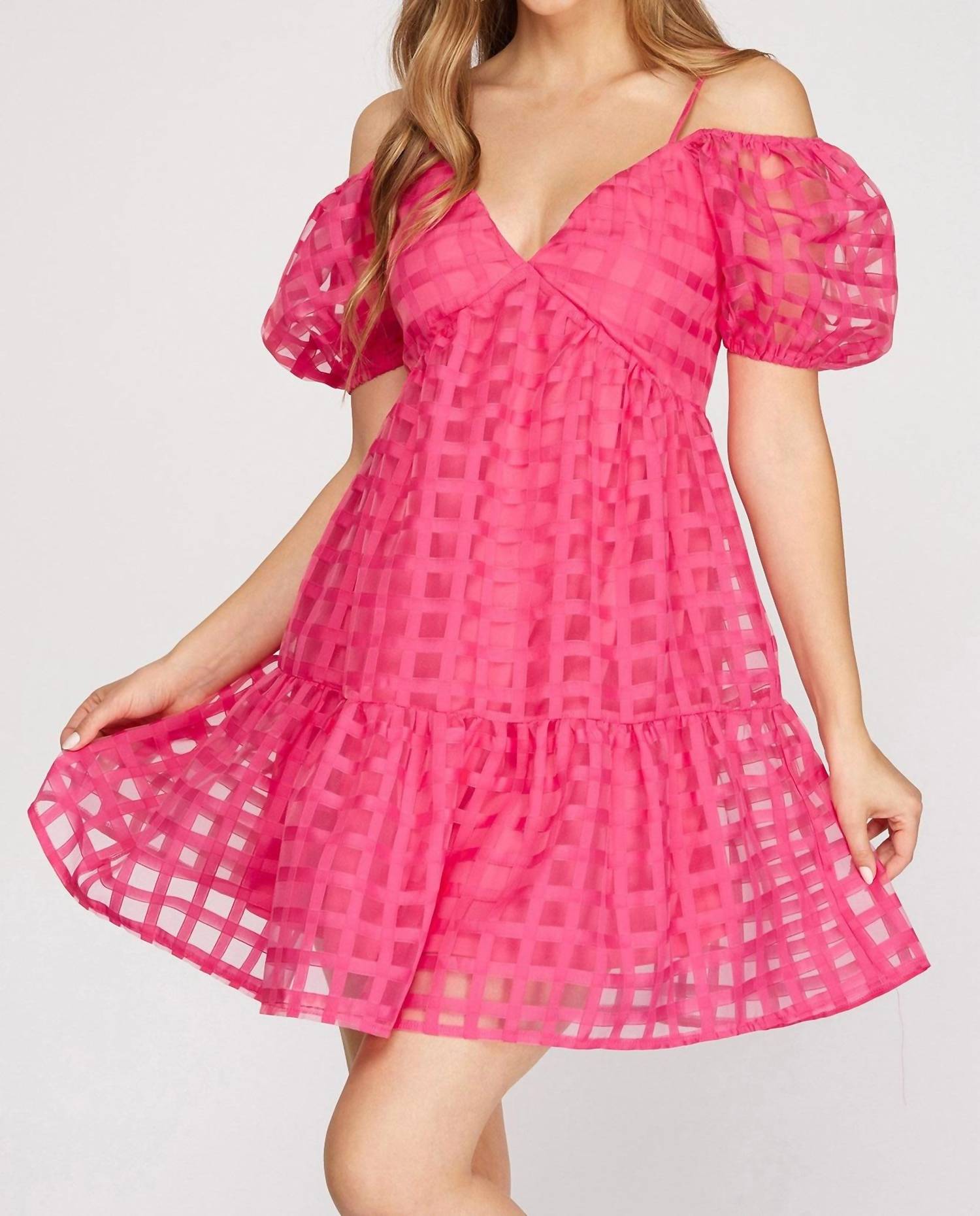 SHE + SKY Puff Sleeve Checker Organza Dress in pink - women's dress - detail view