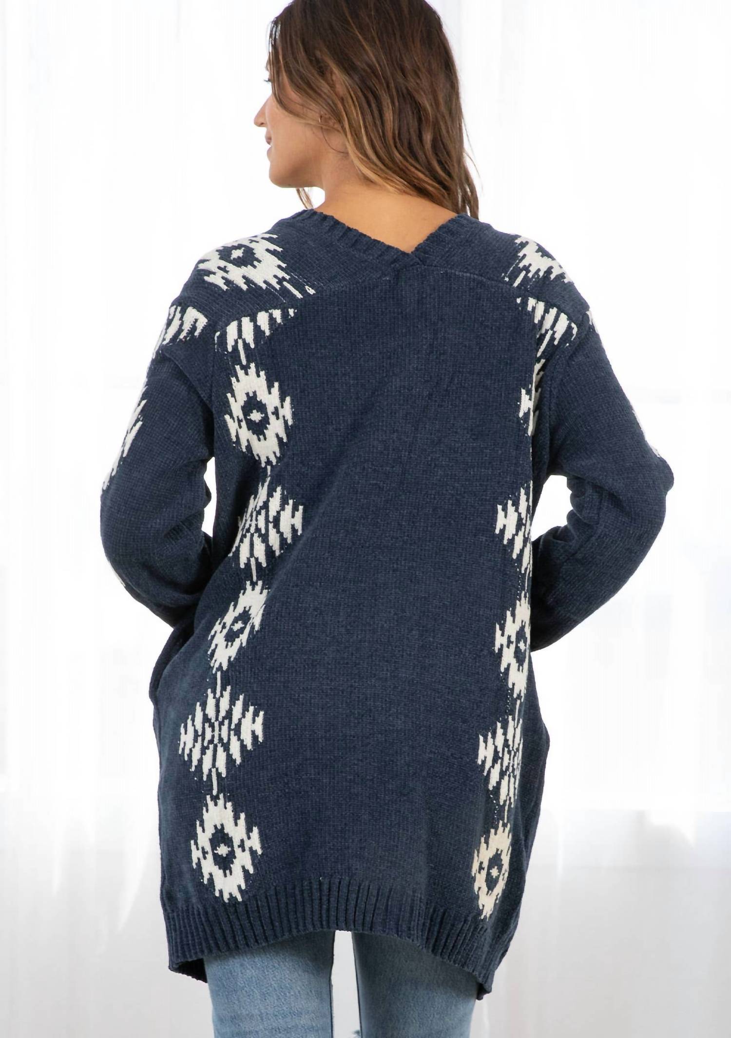 LOVESTITCH Beautiful Southwestern Open Front Cardigan in indigo off white - women's cardigan - detail view