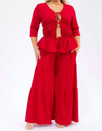 Karen T Design - Hollow Lace Up Top And Spliced Wide Leg Pants
