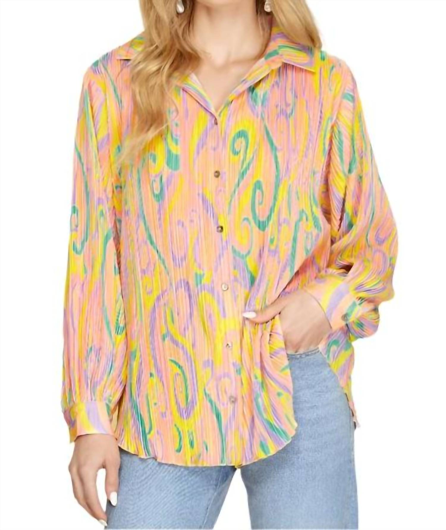 She + Sky - Print Plisse Shirt Blouse