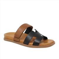 Django & Juliette Women's Nodette Flat Leather Sandal in black tan - women's sandal