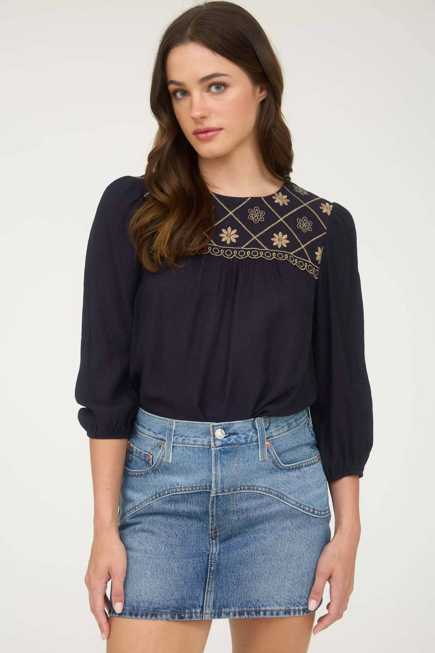 Blu Pepper - Floral Embroidered Yoke 3/4 Sleeve Blouse