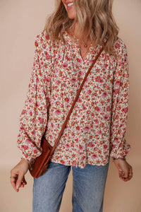 Shewin - Floral Print Pleated Detail Notched Neck Puff Sleeve Blouse