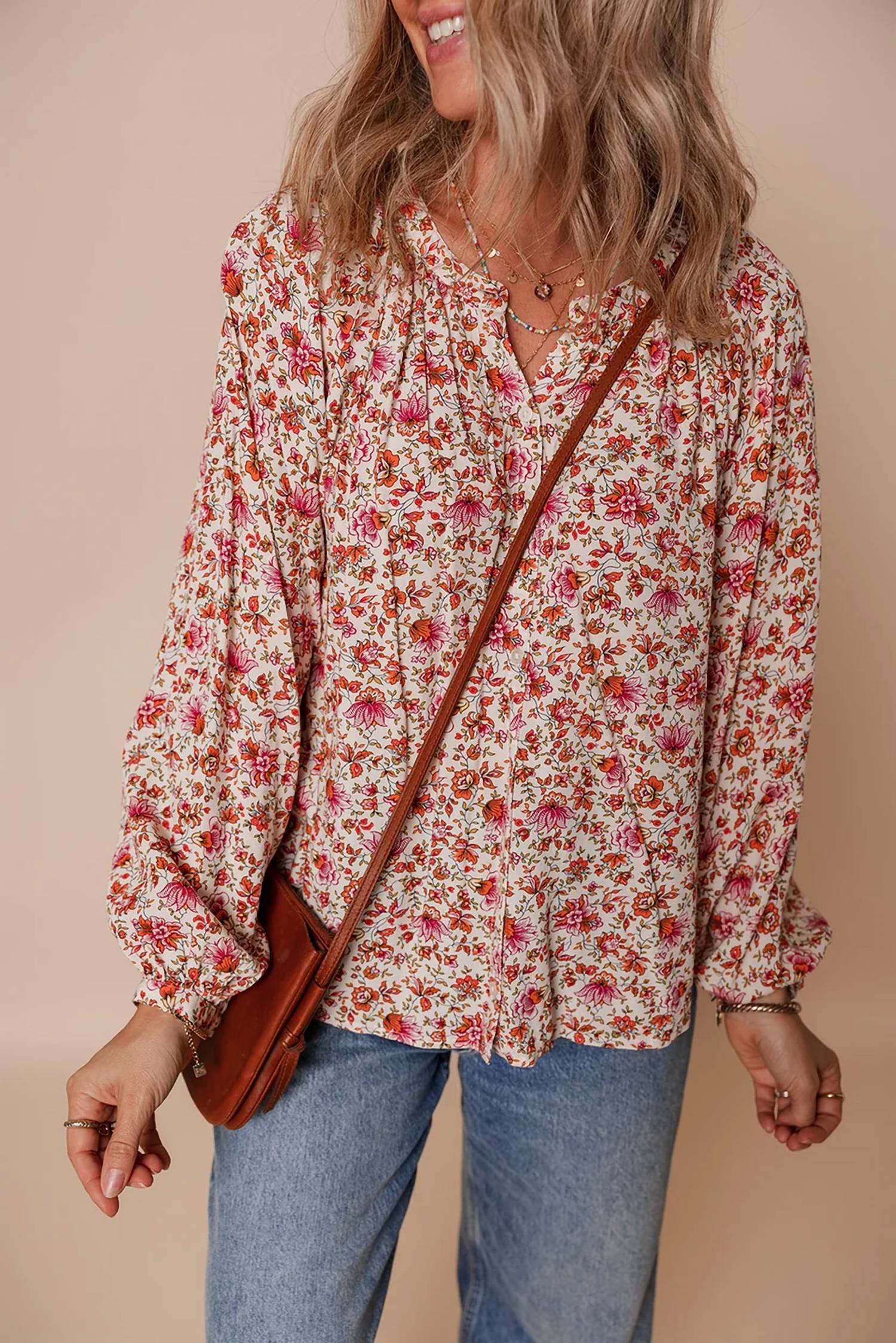 Shewin - Floral Print Pleated Detail Notched Neck Puff Sleeve Blouse