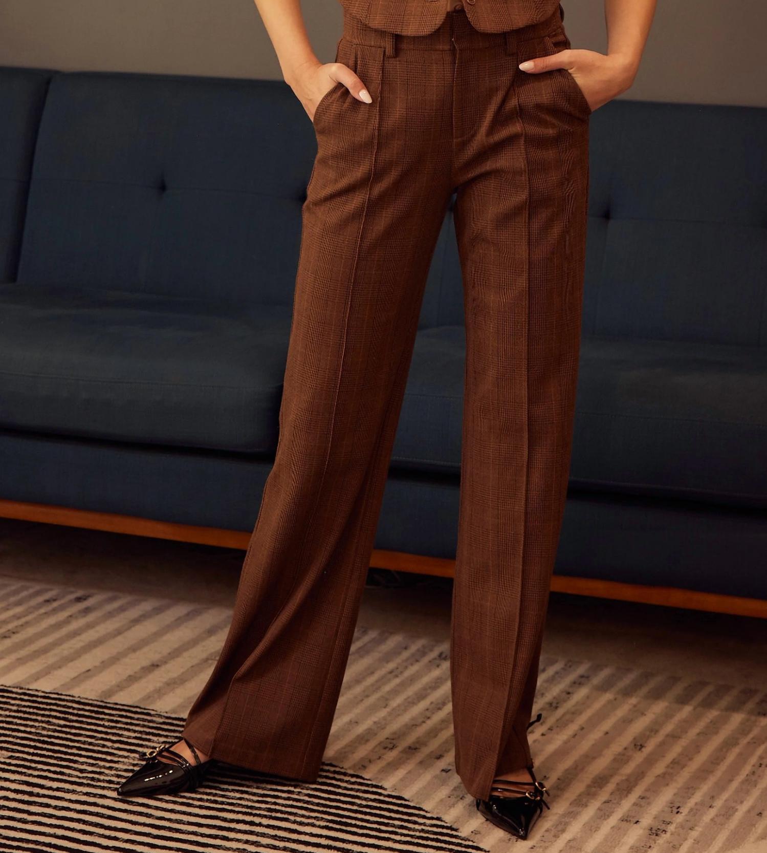 Fore Collection Classic Wide Leg Trousers in brown plaid - women's pants