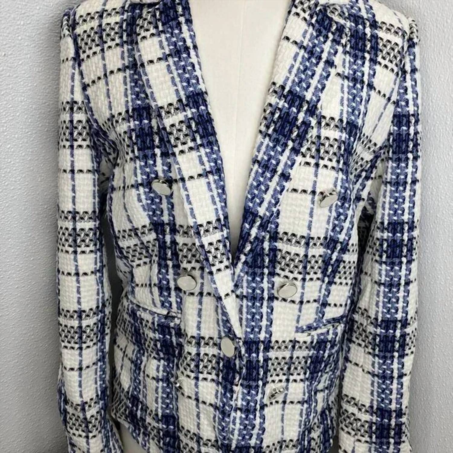 Ecru Women's Tweed Double Breasted Plaid Blazer in blue white - women's jacket - view 5