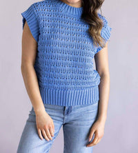 ELAN Open Knit Cap Sleeve Sweater in light blue - women's sweater