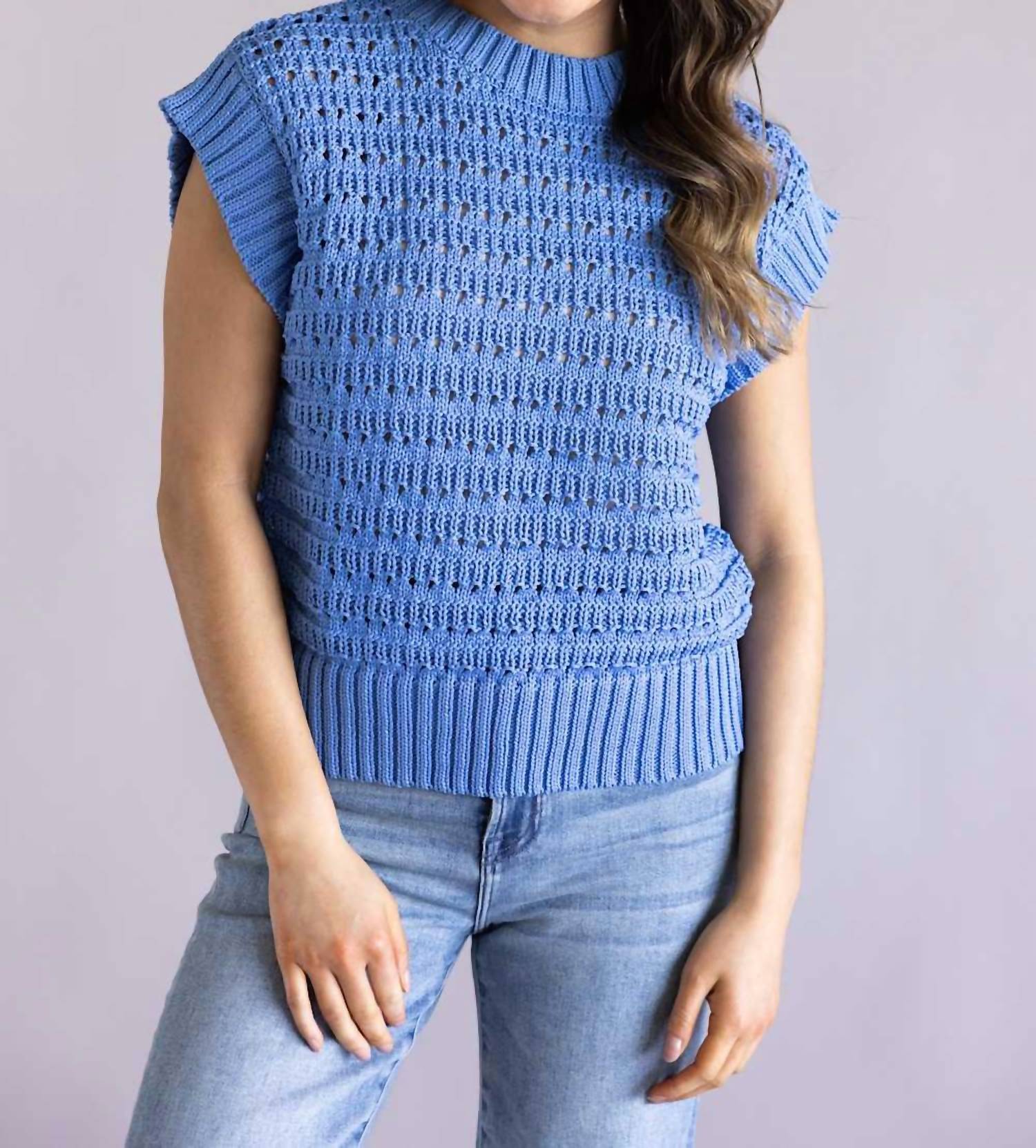 ELAN Open Knit Cap Sleeve Sweater in light blue - women's sweater