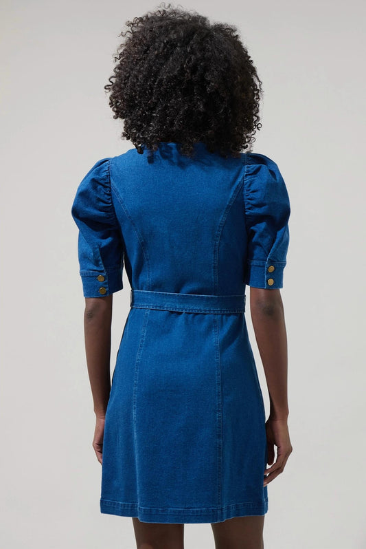 Sugarlips - Women's Jamie Denim Puff Sleeve Belted Mini Dress