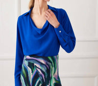 Karen Kane Long Sleeve Collared Cowl Neck Top in sapphire blue - women's blouse - view 5