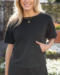 Grace and Lace Women's French Terry Short Sleeve Sweatshirt in washed black - women's t-shirt