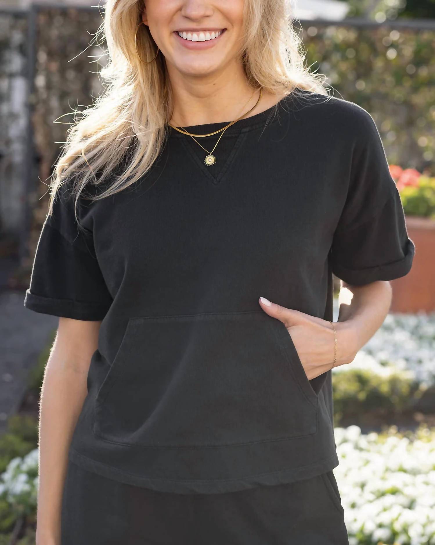 Grace and Lace Women's French Terry Short Sleeve Sweatshirt in washed black - women's t-shirt