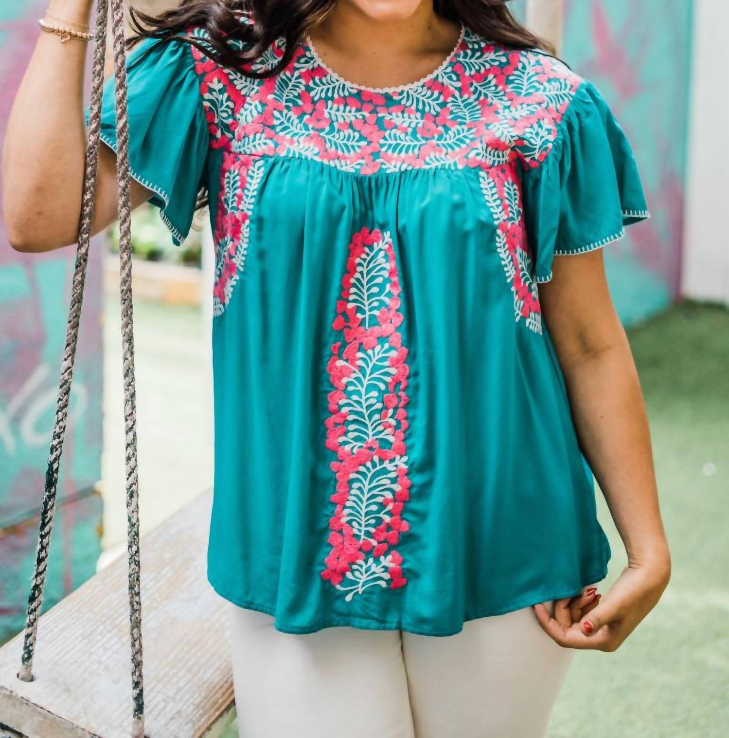 Layerz Clothing - Flutter Sleeve Embroidered Top