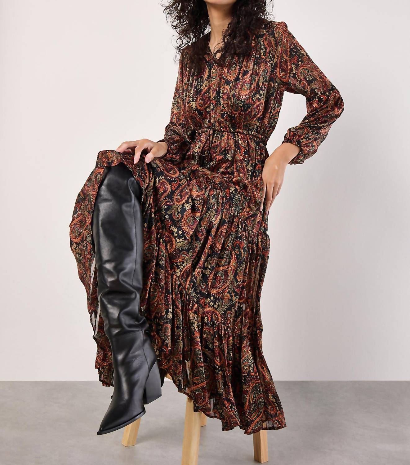 APRICOT Painterly Lurex Paisley Midaxi Dress in black - women's dress - alternate view
