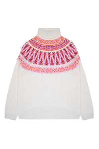 Jumper1234 Women's Fairisle Roll Collar Turtleneck Sweater in ear of wheat - women's sweater