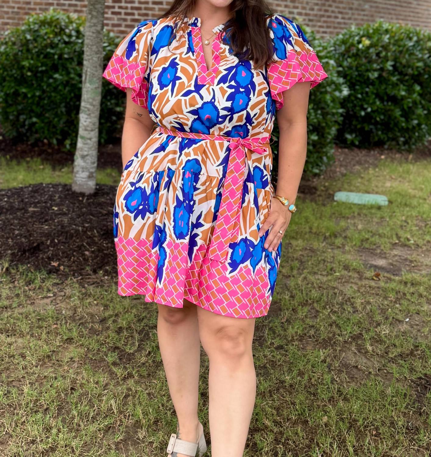 Joy Joy - Stitch Trim Flutter Sleeve Mini Dress