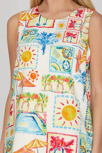 She + Sky - Sleeveless Woven Print A-line Mini Dress With Pockets