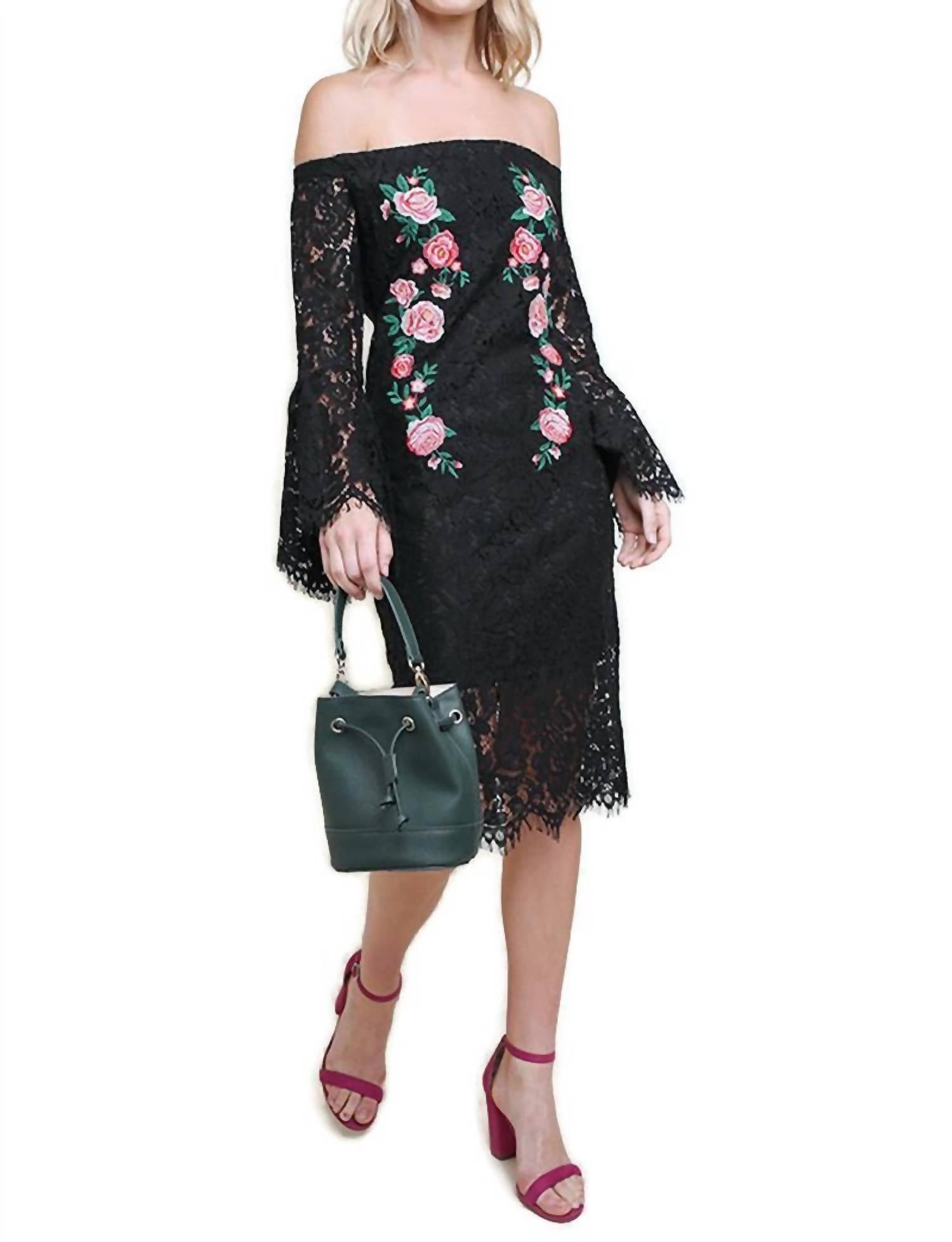 umgee Floral Lace Bell Sleeve Midi Dress in black - women's dress