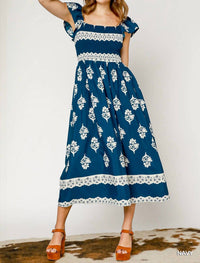 Umgee - Floral Block Print Ruffle Sleeve Midi Dress