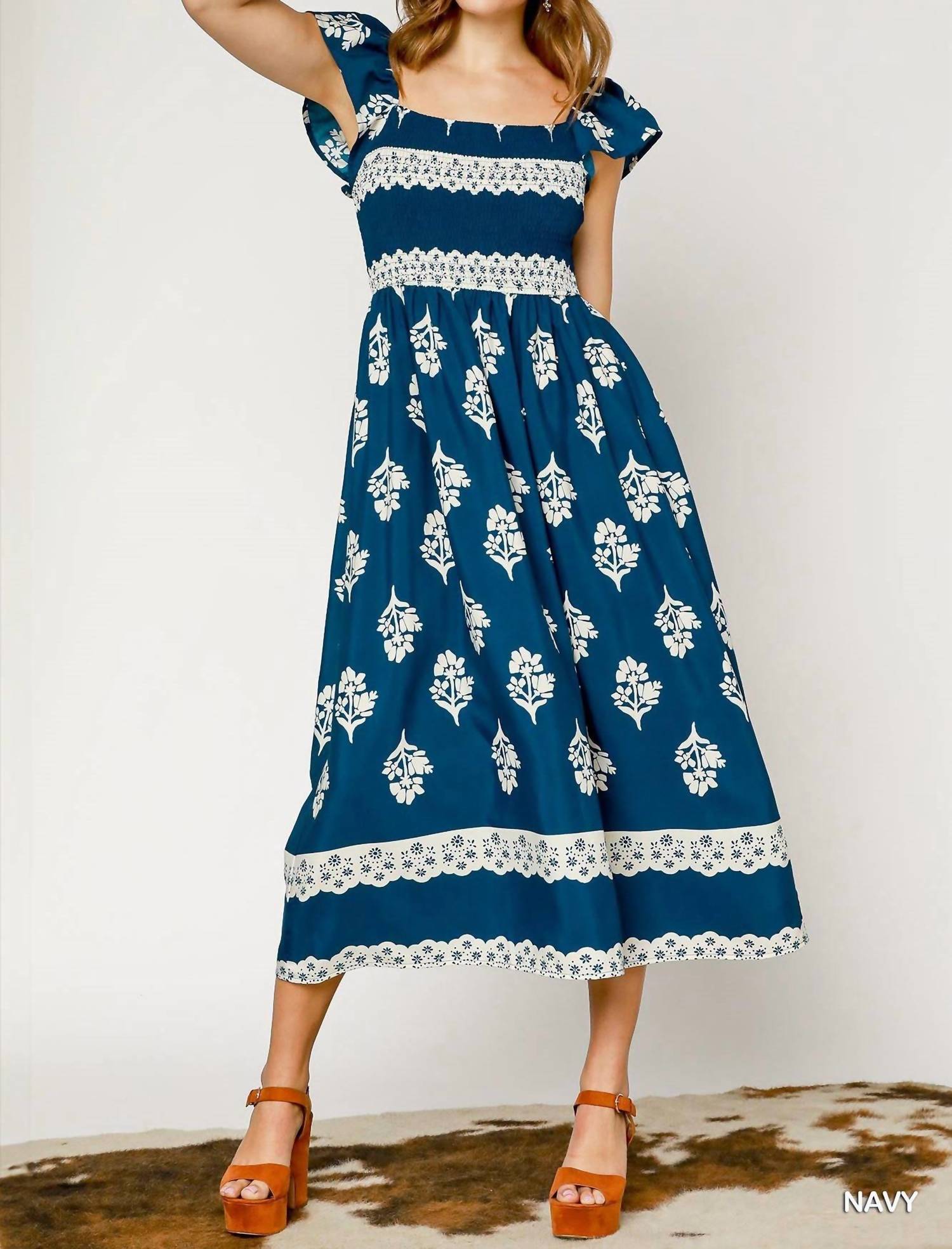 Umgee - Floral Block Print Ruffle Sleeve Midi Dress