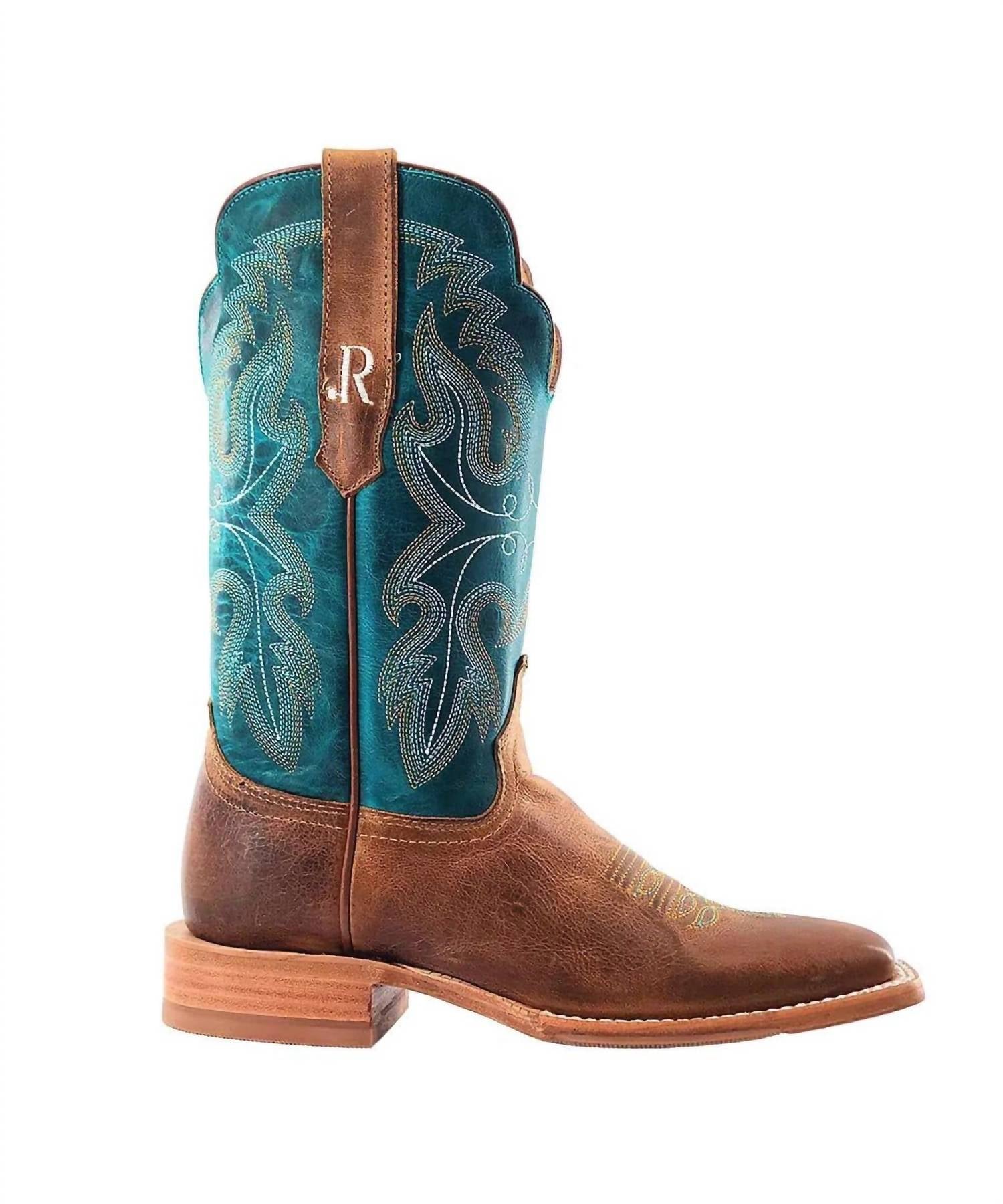 R Watson Boots Women's Honey Cowhide Boots in brown turquoise - women's shoe - detail view
