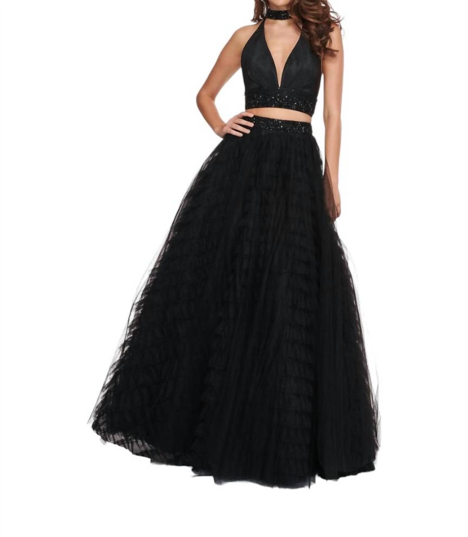 Rachel Allan - Two Piece Halter Ballgown Ruffles Dress With Choker
