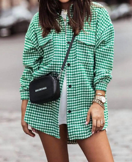 Rosa Clothing - Stylish Houndstooth Long-Sleeved Shirt Jacket