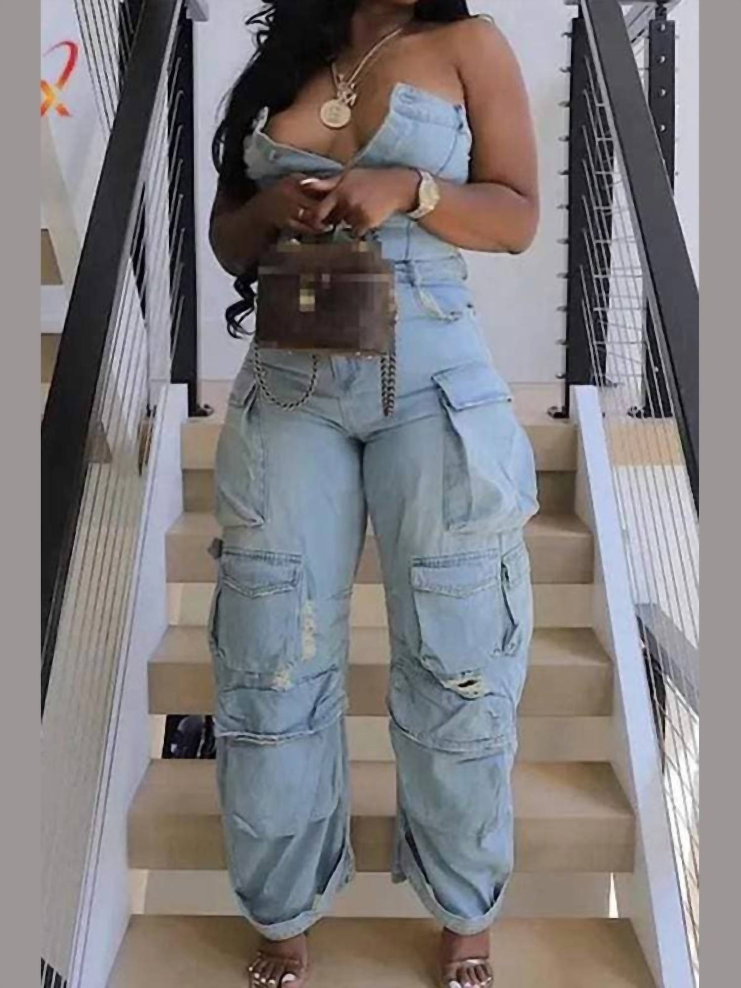 Giti Wholesale - Denim sleeveless cargo jumpsuit