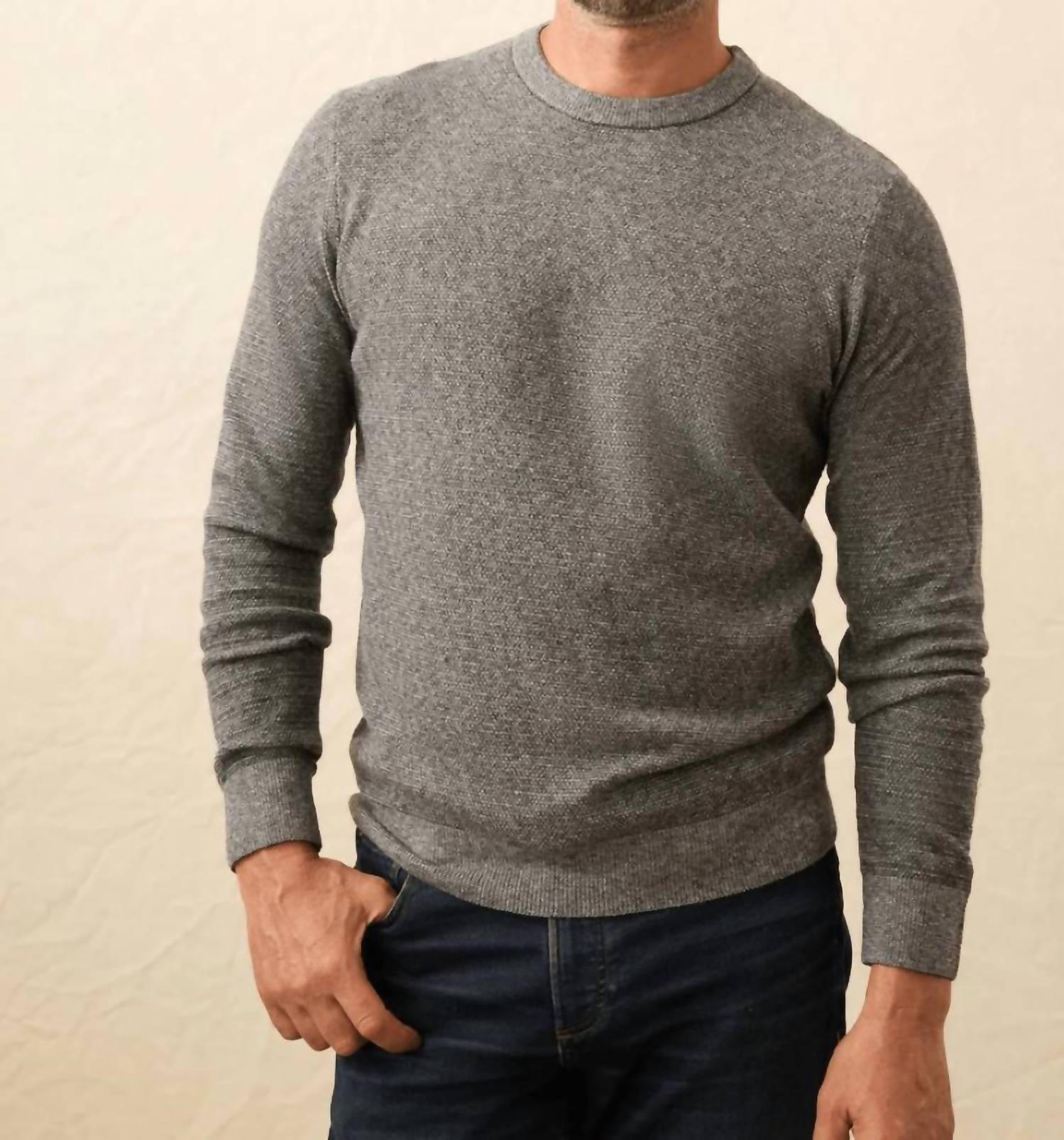 Faherty Jackson Crew Sweater in dark ash feeder 1 - men's long sleeve top - detail view