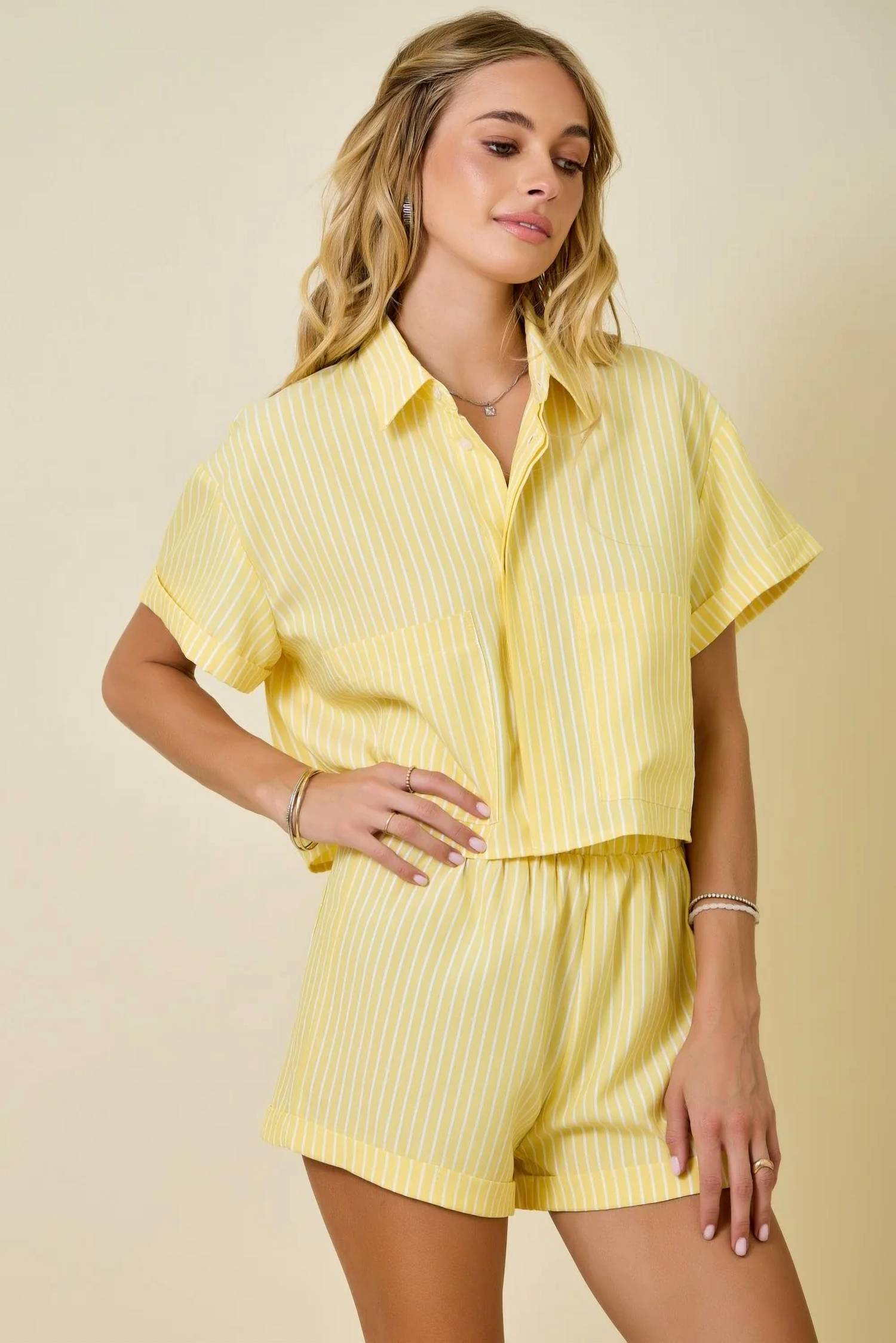 Day + Moon - Striped High Waisted Cuff Shorts