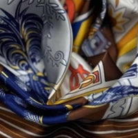 TC Ranchwear War Horse Wild Rag Western Southwestern Satin Scarf in blue gold - women's scarf - detail view
