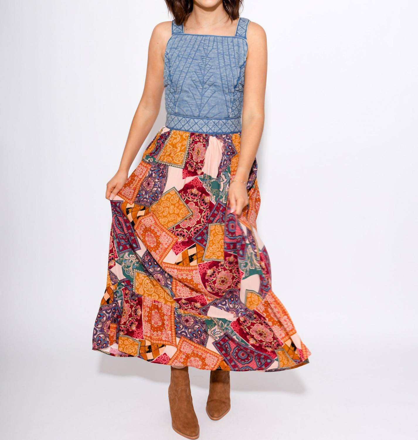 Fate - Washed Denim Quilted Bust Mix Media Dress