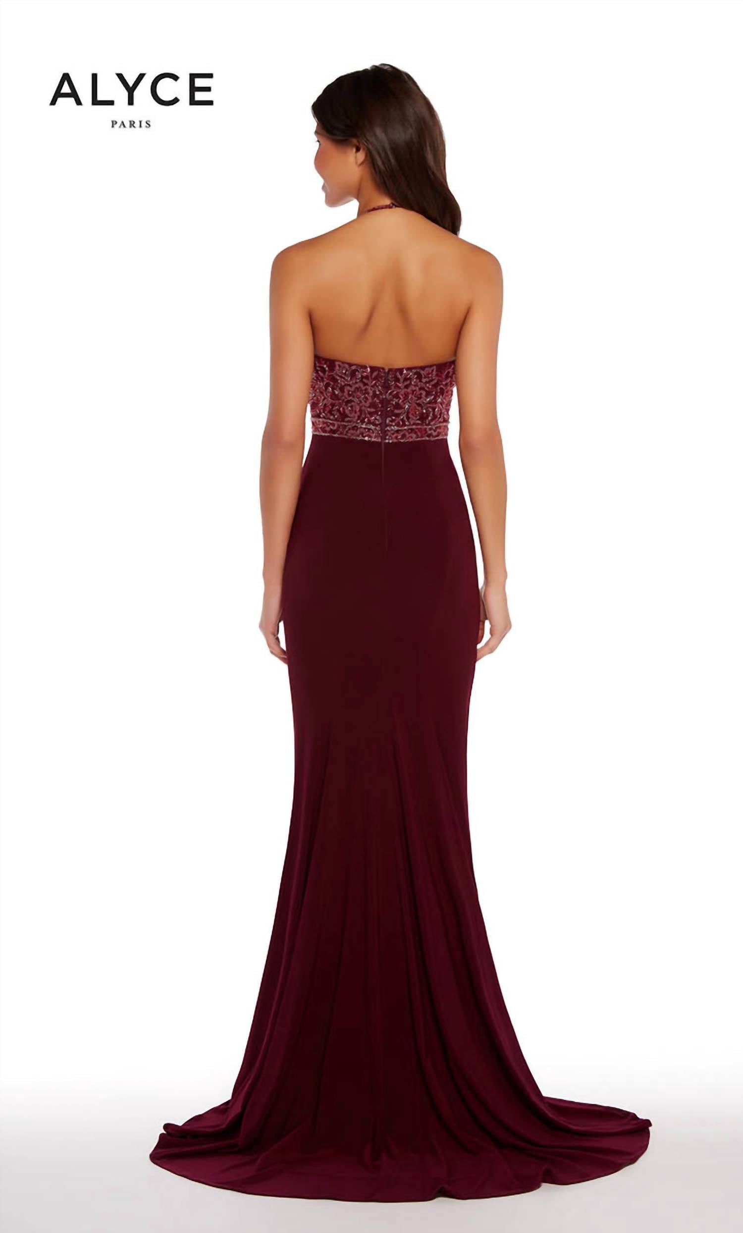 Alyce Paris - Long jersey knit beaded halter Dress