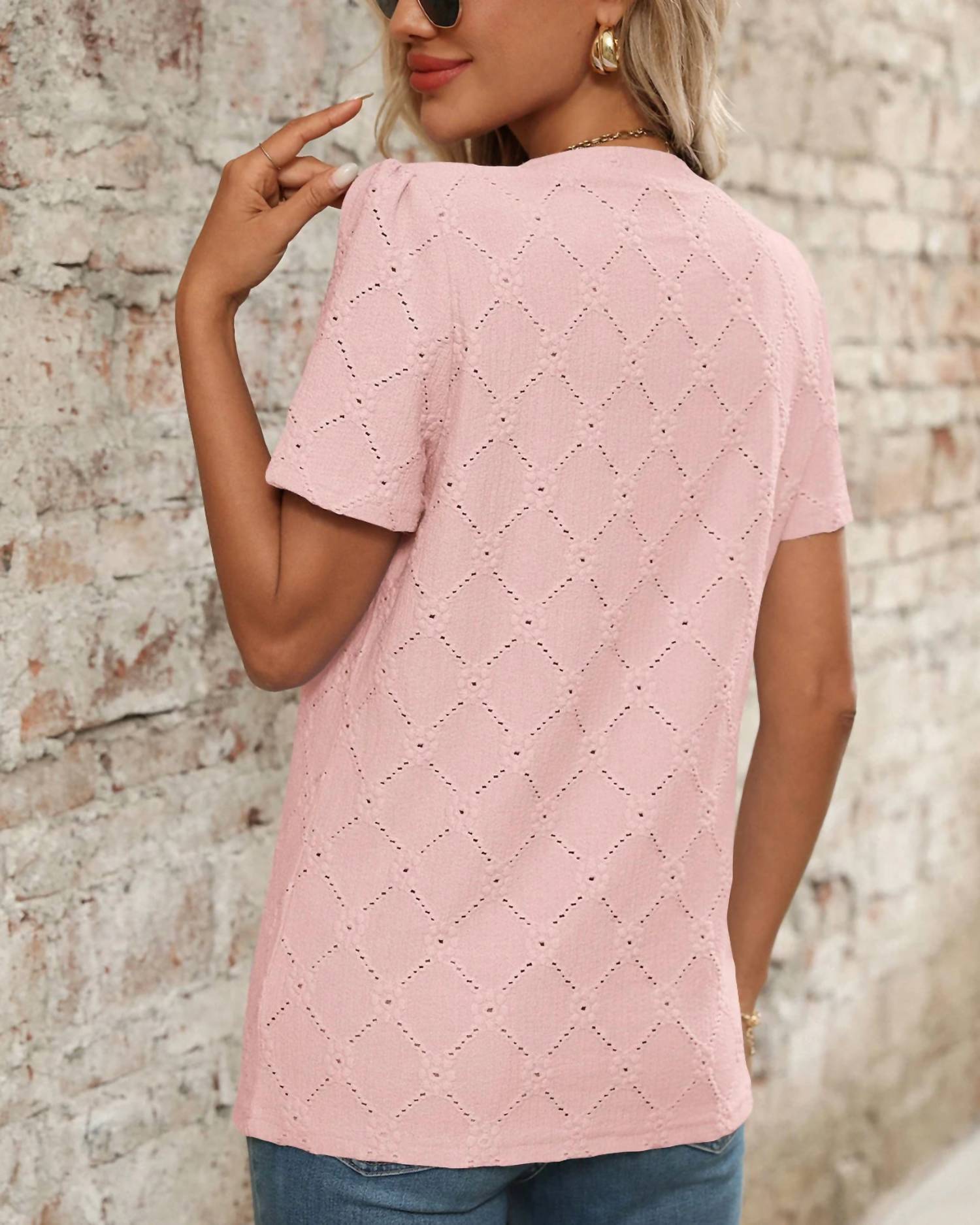 Trendsi - Eyelet Notched Short Sleeve Top
