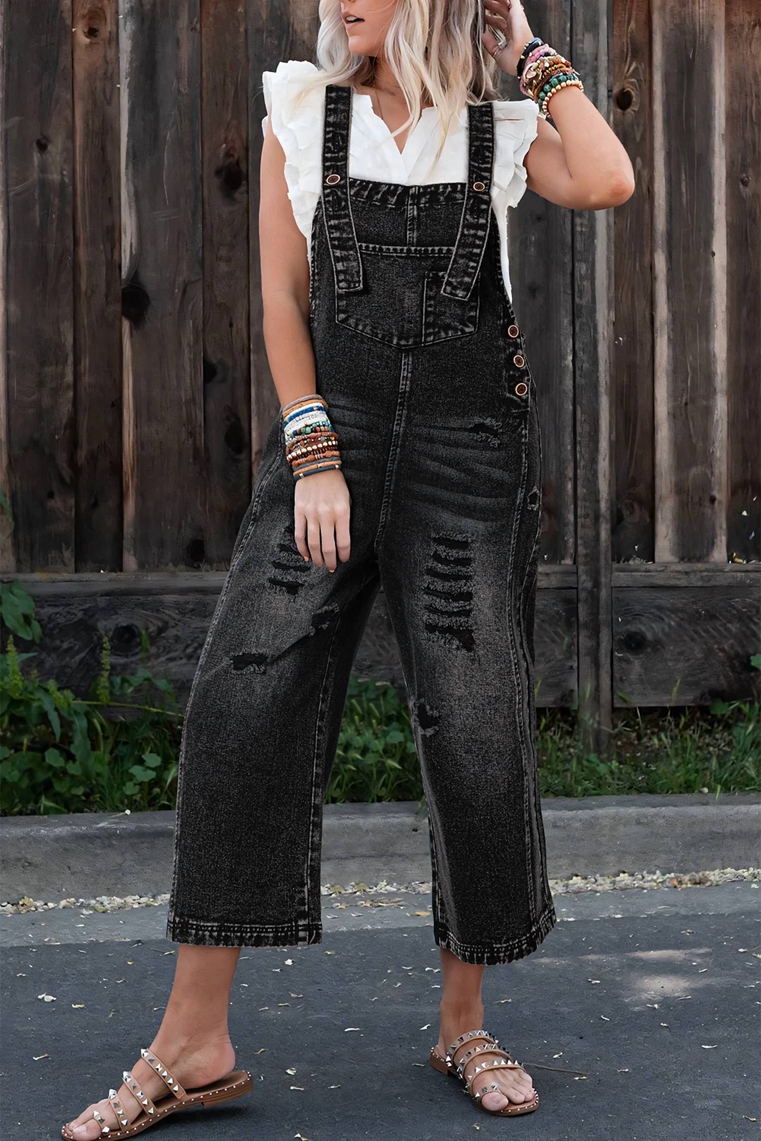 Little Daisy Closet - Women's Distressed Bib Pocket Wide Leg Denim Overall