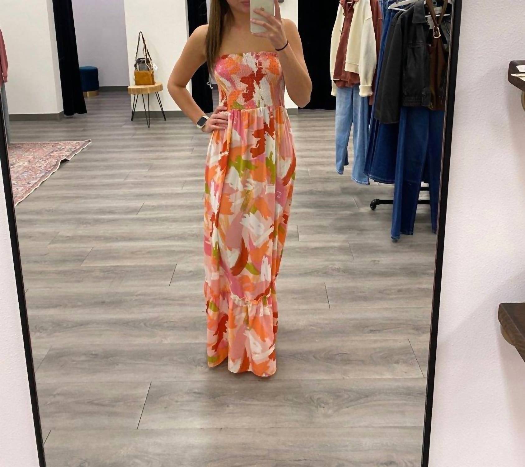 Timing Strapless Vibrant Floral Smocked Maxi Dress in pink multi - women's dress - alternate view