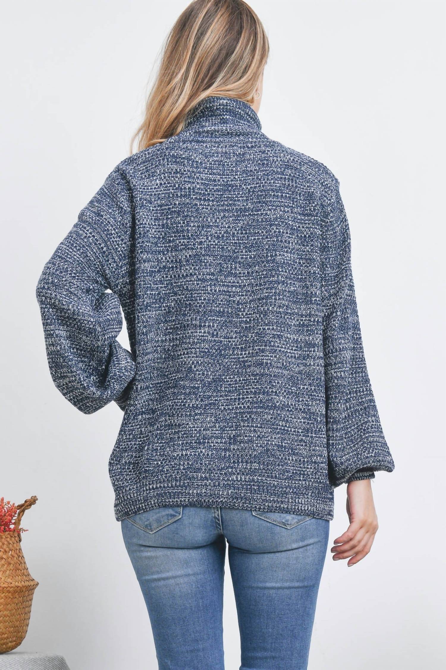 Zenana - Turtleneck Melange Balloon Sleeve Sweater