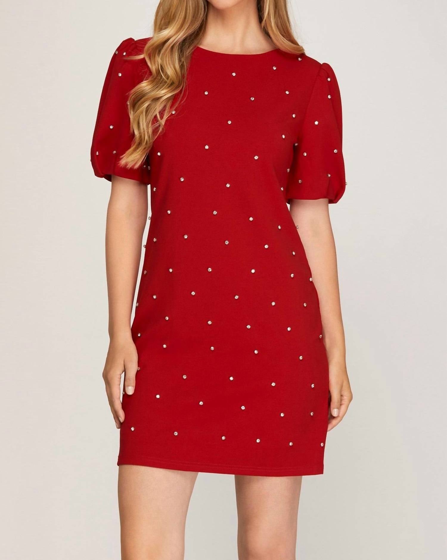She + Sky - Scattered Rhinestone Trim Short Dress