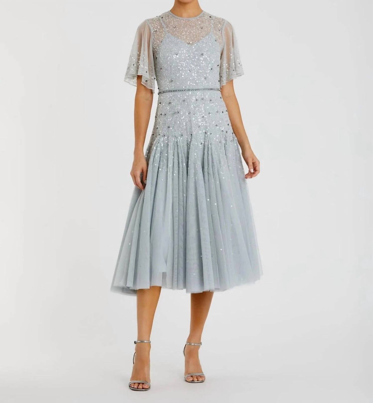 Mac Duggal - Cape Sleeve Beaded Tea Length Aline Gown