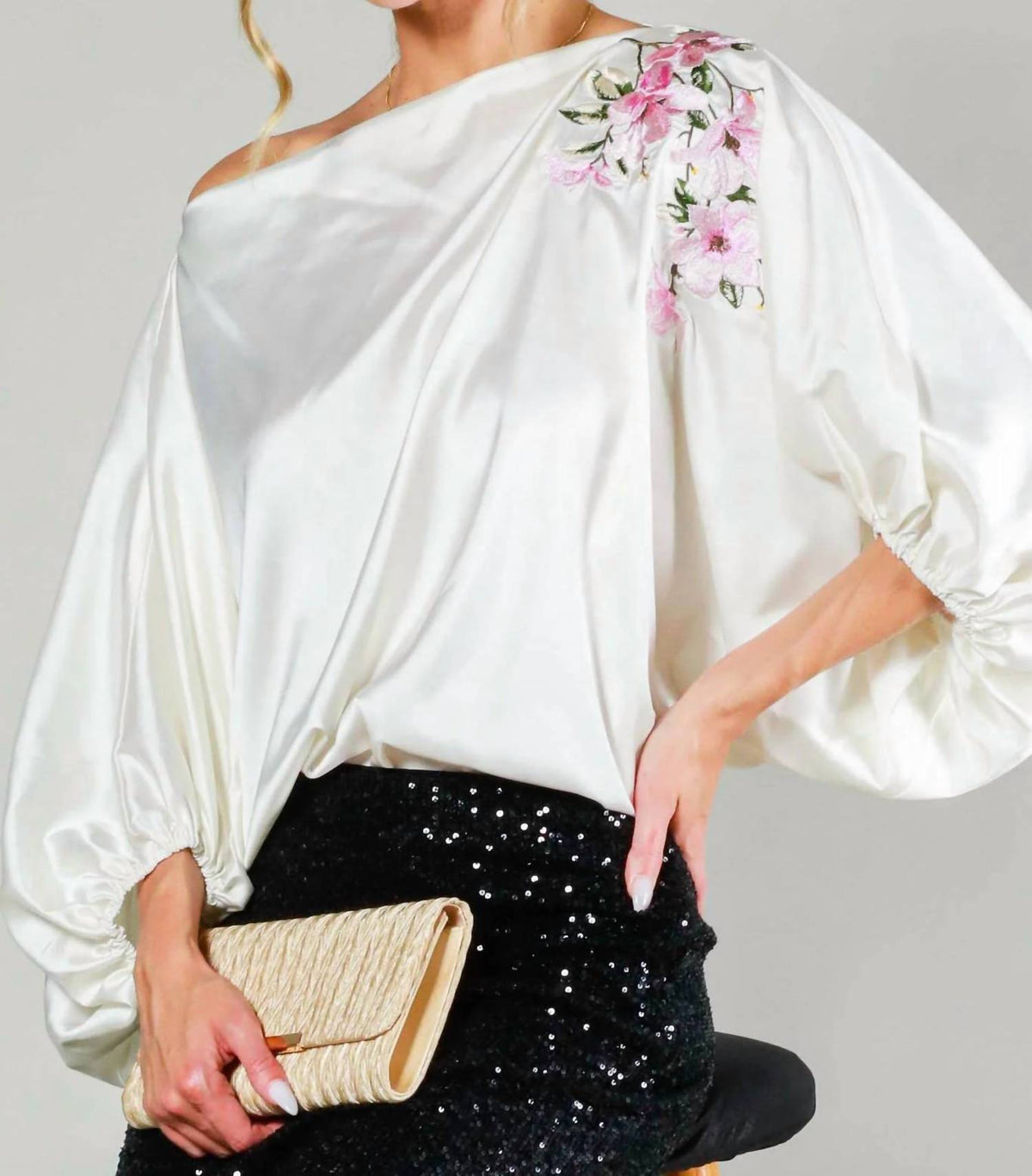Vine & Love - Floral Embroidered Satin Blouse