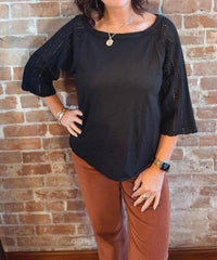 Mododoc - Quarter Lace Sleeve Boatneck Top