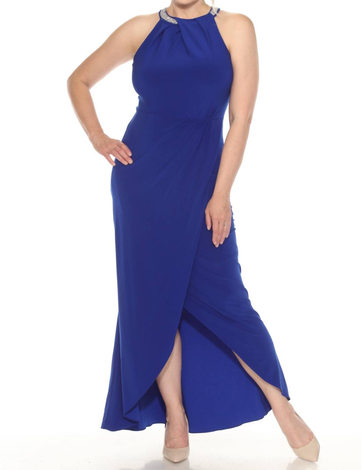 Joseph Ribkoff - Embellished Pleated Halter Maxi Evening Dress